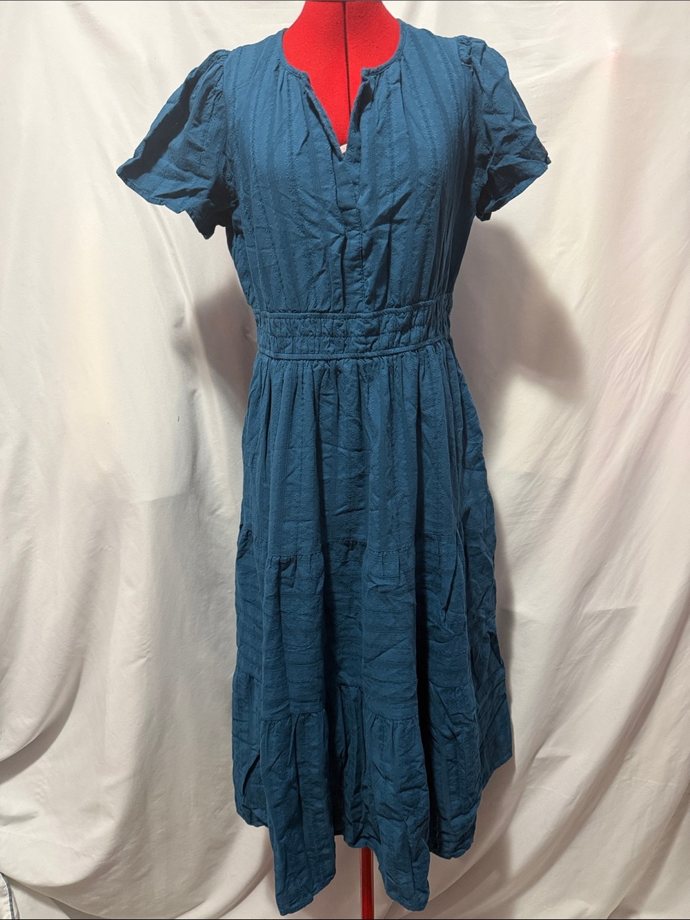 Women's Teal Midi Dress with Short Sleeves and Defined Waist